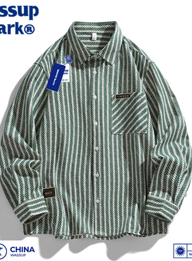 Wassup Shark日系条纹复古衬衫男春秋牛仔提花夹克外套休闲衬衣女