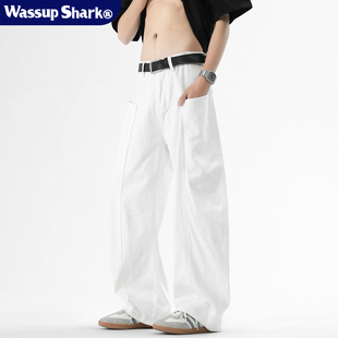 Wassup Shark美式复古白色阔腿弯刀牛仔裤男廓形宽松直筒镰刀裤潮