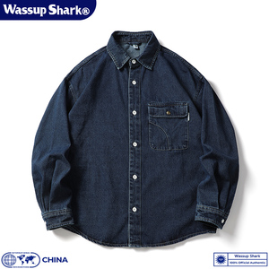 Wassup Shark美式复古水洗牛仔衬衫男春秋季休闲宽松长袖衬衣外套