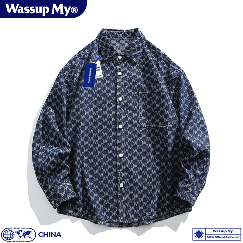 Wassup Shark潮牌水洗提花牛仔衬衫外套男春秋季休闲宽松满花衬衣