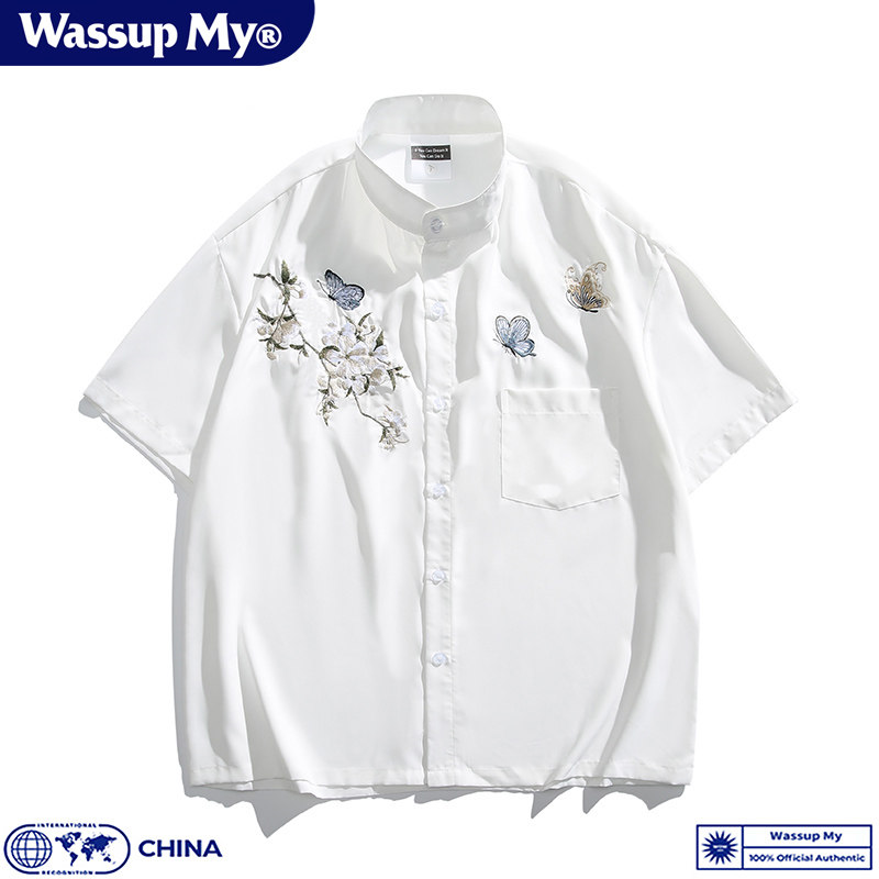 Wassup My新中式中国风短袖衬衫男夏季冰丝国风花卉刺绣衬衣潮流