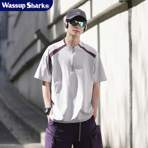 拼色速干半拉链运动短袖男士夏季