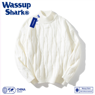Wassup Shark麻花毛衣男半高领秋冬季 宽松加厚情侣纯色打底针织衫