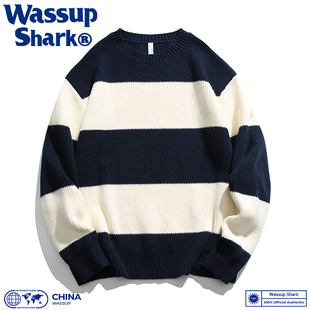Wassup 内搭女 Shark圆领毛衣男秋冬季 宽松百搭条纹加厚针织打底衫