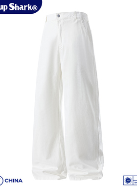 Wassup Shark美式复古白色牛仔裤男宽松直筒阔腿休闲百搭长裤子潮