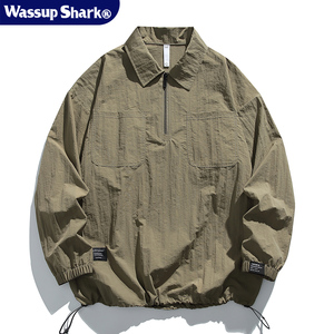 Wassup Shark日系速干半拉链POLO衫男户外休闲宽松工装长袖T恤潮