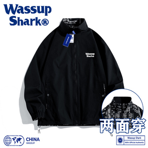 Wassup Shark双面穿外套男春秋季潮牌情侣冲锋衣运动宽松立领夹克