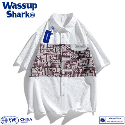 Wassup Shark日系高级感短袖衬衫男夏季薄款休闲拼接衬衣港风半袖