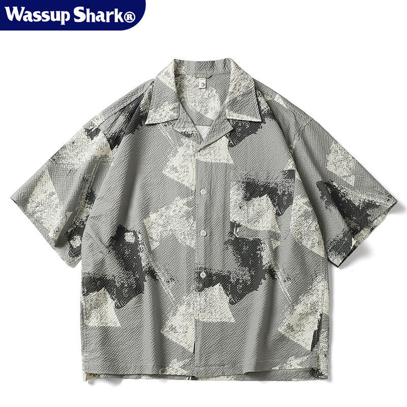 Wassup Shark夏季短袖花衬衫男冰丝薄款夏威夷沙滩度假休闲衬衣夏