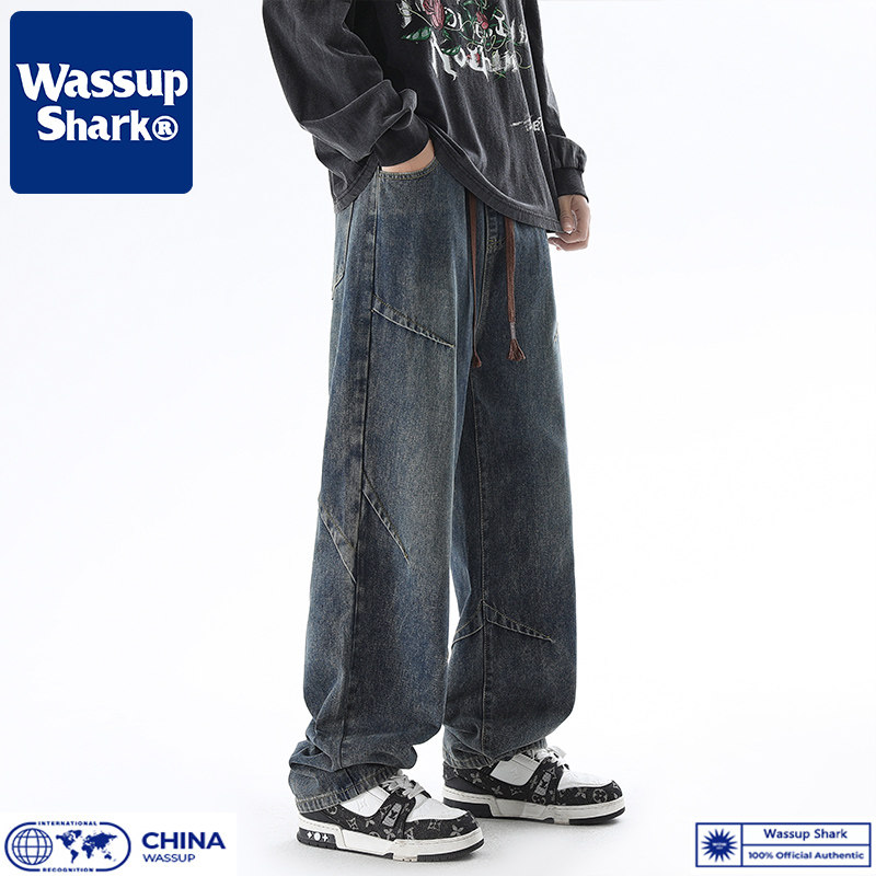 Wassup Shark潮牌直筒宽松休闲牛仔裤男春秋季美式高街阔腿长裤子,男装,牛仔裤,淘宝优惠券,粉丝福利购,淘宝优惠卷
