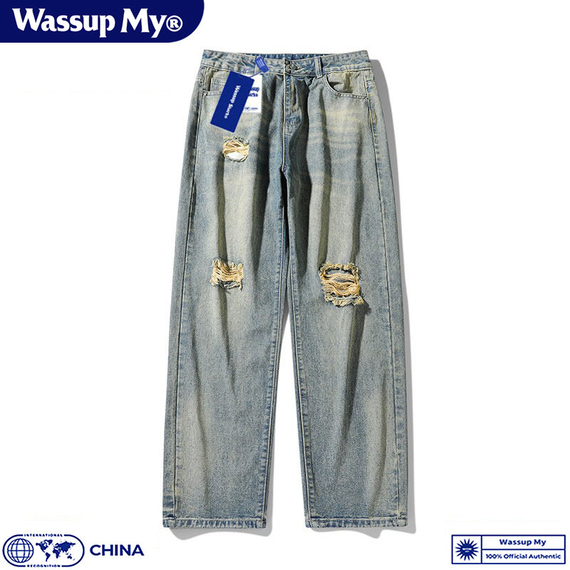Wassup My美式破洞牛仔裤男士夏季宽松直筒阔腿高街休闲长裤子潮