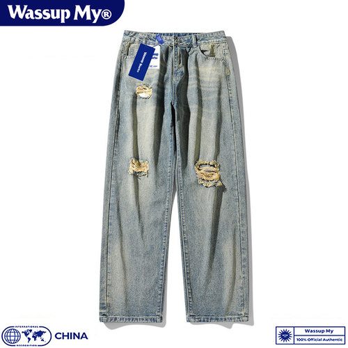 Wassup My美式破洞牛仔裤男士夏季宽松直筒阔腿高街休闲长裤子潮 - 封面