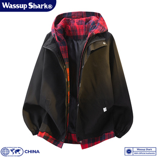WASSUP 外套潮 SHARK假两件格子撞色连帽夹克男女情侣春秋宽松工装