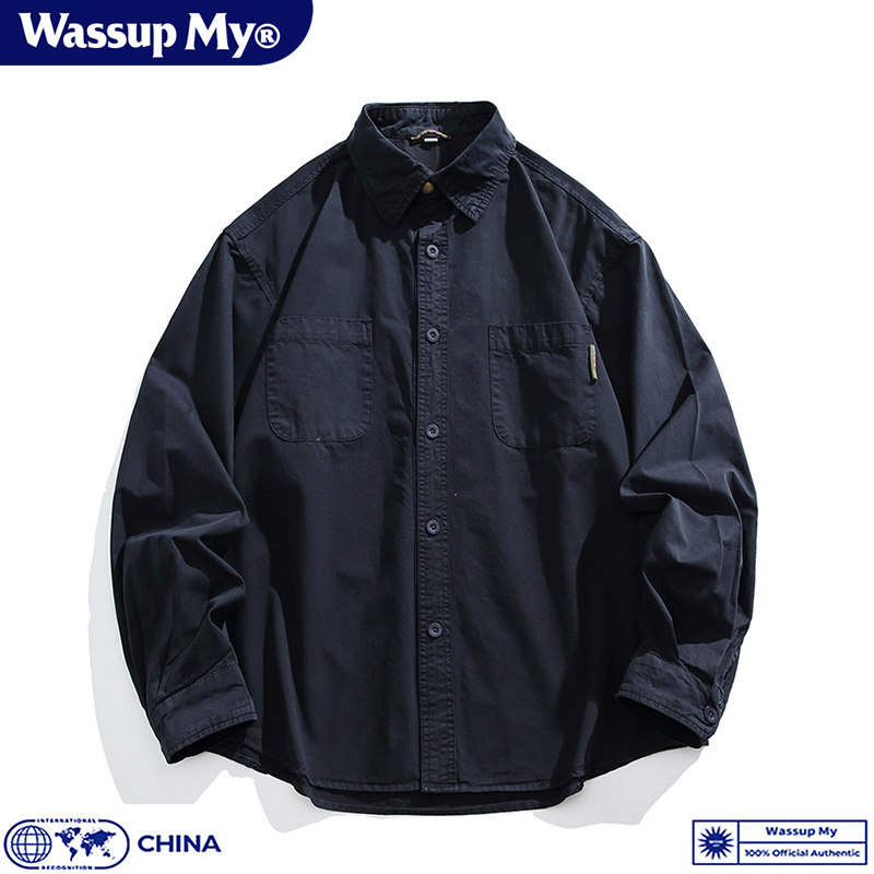 Wassup My秋季新款纯色工装长袖衬衫男女情侣纯棉宽松衬衣外套潮