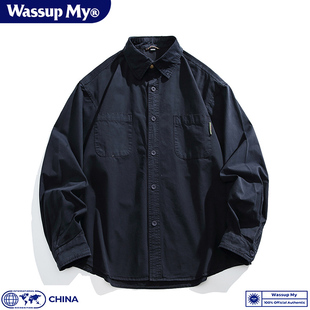 Wassup My秋季新款纯色工装长袖衬衫男女情侣纯棉宽松衬衣外套潮