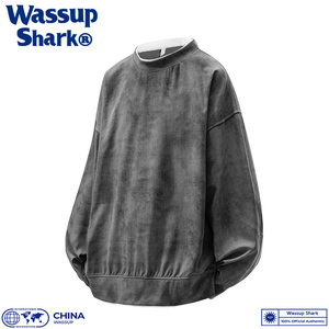 Wassup Shark美式复古重磅做旧假两件卫衣男秋季脏脏长袖情侣上衣