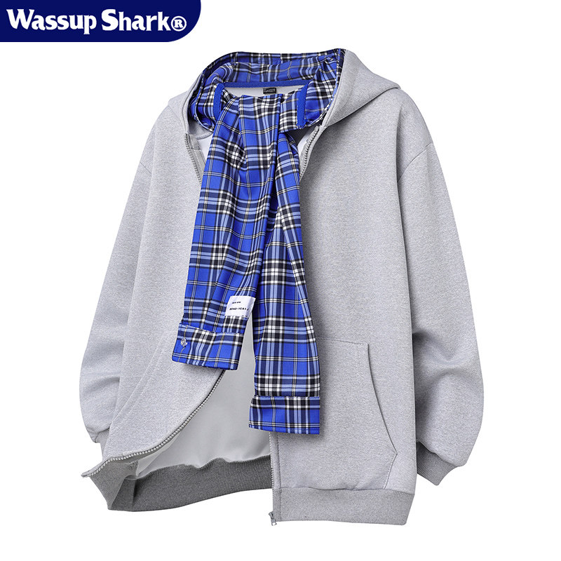 Wassup Shark美式假两件连帽格子卫衣开衫男女春秋宽松设计感外套