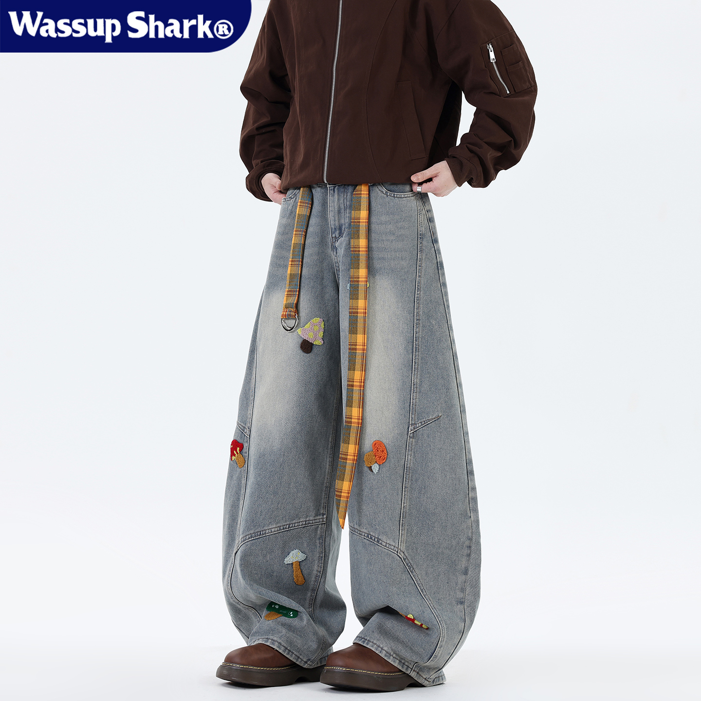 美式卡通风刺绣弯刀牛仔裤男女