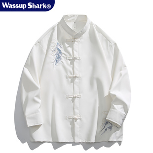Wassup Shark新中式刺绣立领长袖衬衫男春季盘扣订婚上衣国潮穿搭