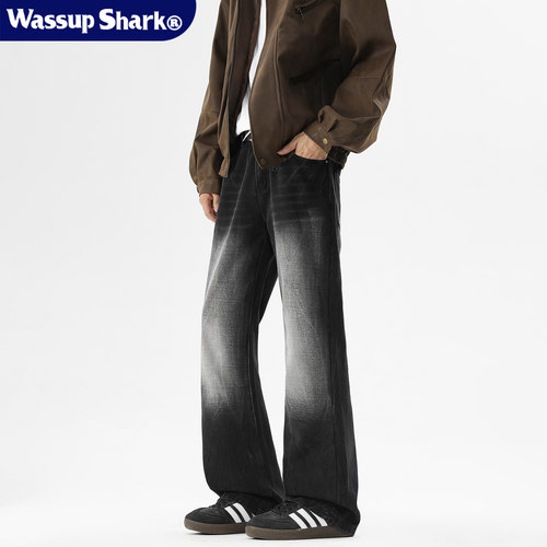 美式复古闪电纹微喇直筒牛仔裤男