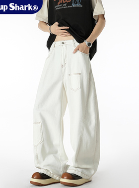 Wassup Shark美式复古白色弯刀牛仔裤男女设计感多口袋阔腿长裤潮