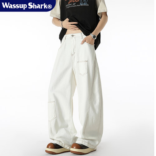 美式复古白色阔腿弯刀牛仔裤男女