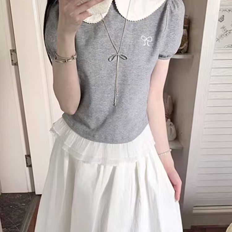 小个子韩系穿搭灰色刺绣娃娃领短袖T恤女夏季甜美学院风减龄时尚