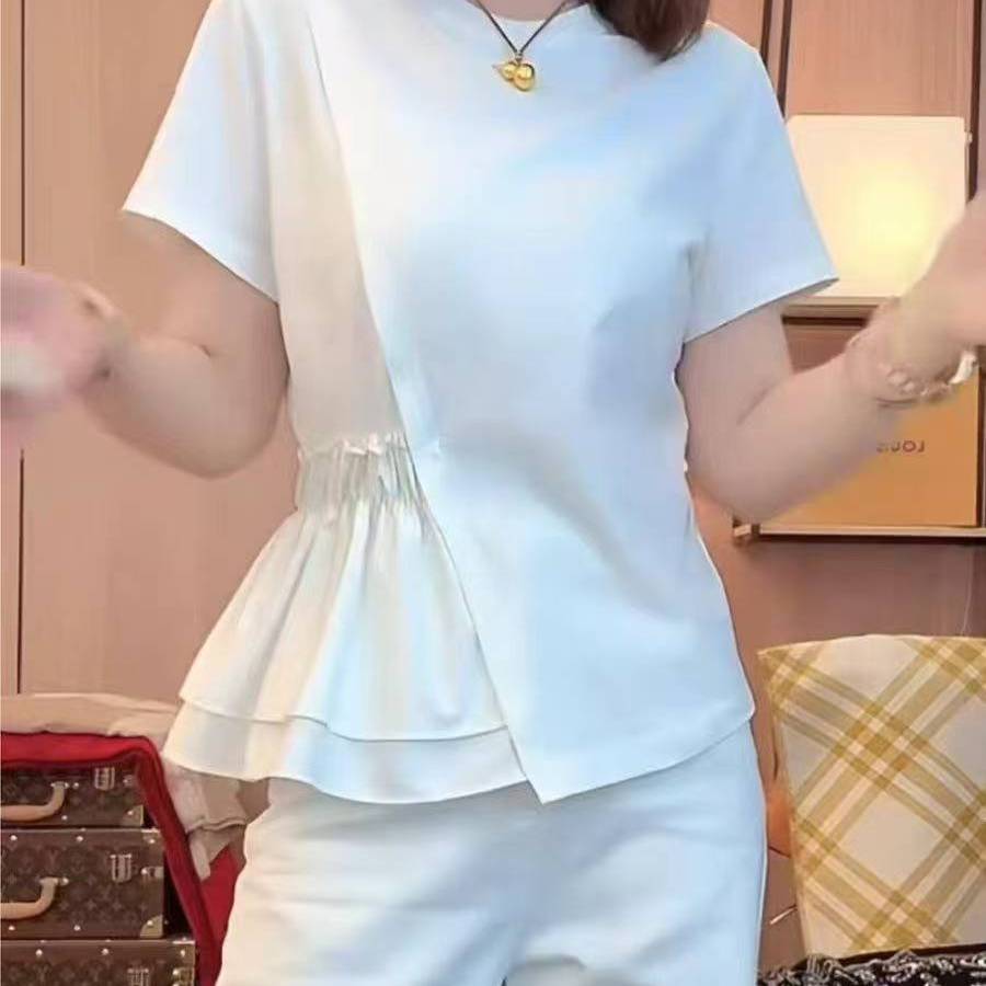 白色不规则圆领短袖t恤设计感夏季新款小众显瘦遮肉正肩百搭上衣