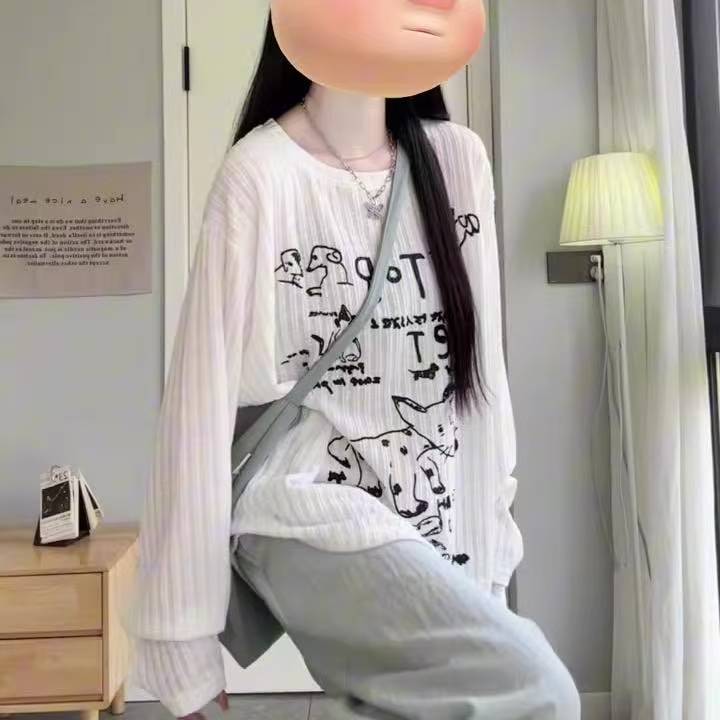 夏季2025薄款防晒罩衫长袖白色T恤女新款慵懒宽松小狗正肩上衣ins