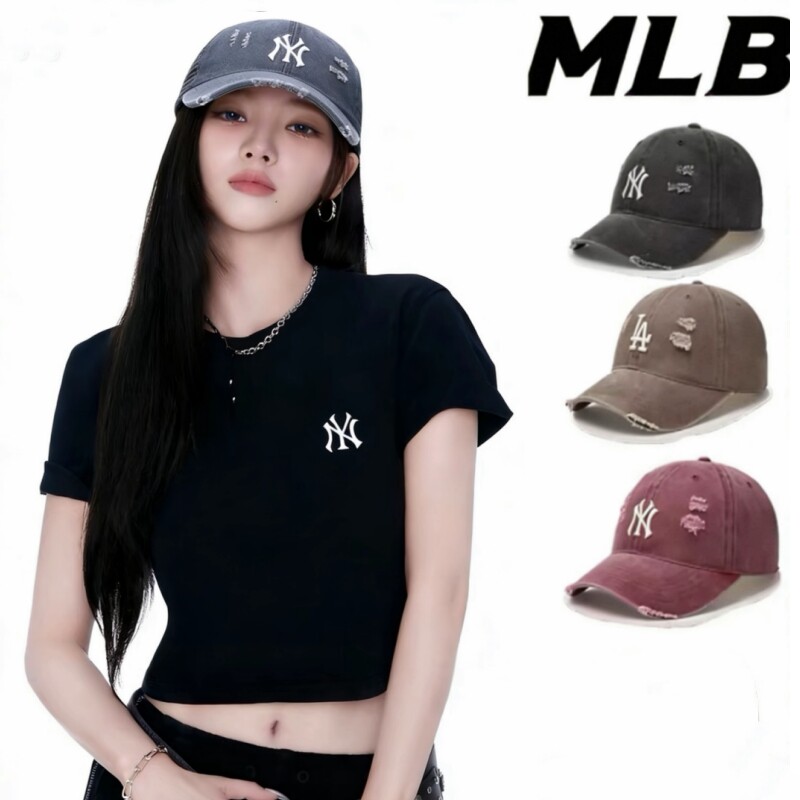 柳智敏韩国正品MLB棒球帽子女防晒帽NY小字母韩版遮阳帽破洞做旧