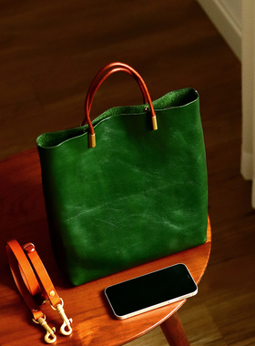 peshawar | 秋季新款绿色水桶包女式植鞣牛皮墨绿手提包文艺森系