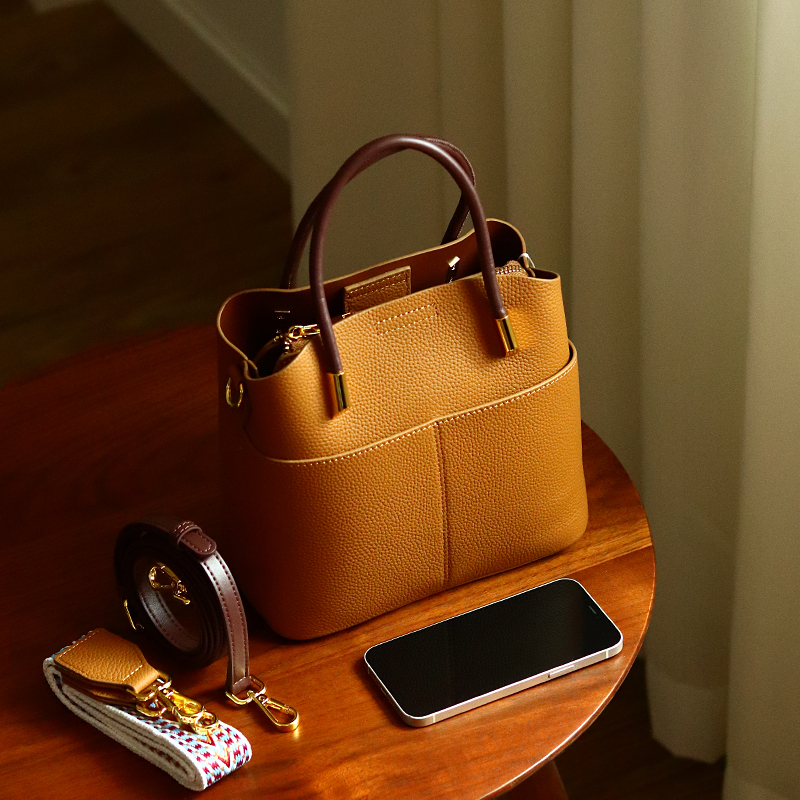 peshawar | 头层牛皮夏季手提包女式黄色中年妇女妈妈真皮水桶包