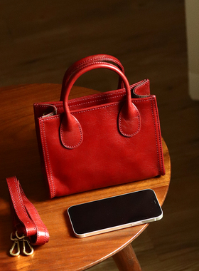 peshawar | 红色复古真皮单肩包女士怀旧风牛皮斜挎包小众手提包
