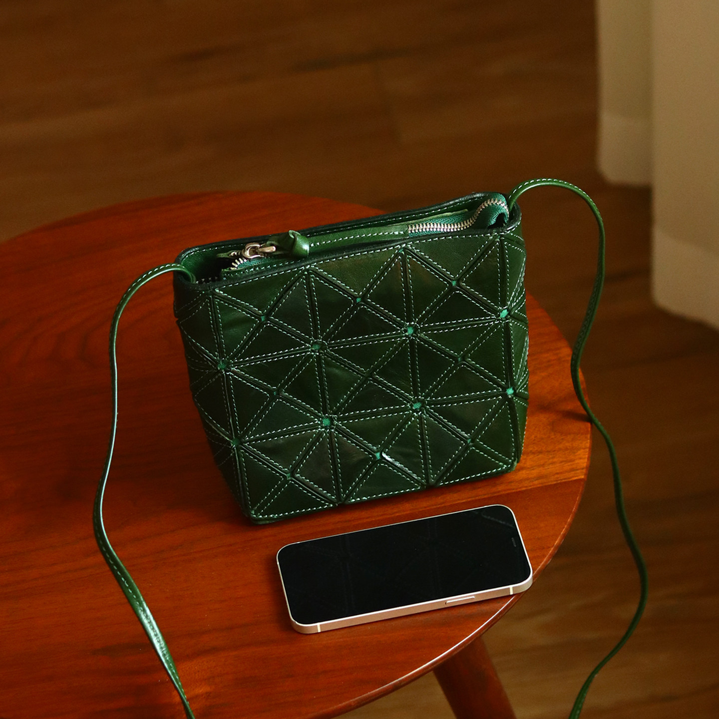 peshawar | 小众森系墨绿色拼接小挎包女士植鞣皮牛皮个性小方包