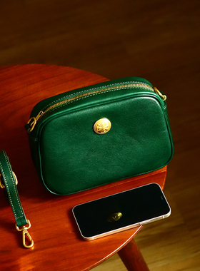 peshawar | 头层牛皮植鞣牛皮绿色小方包女士真皮文艺森系小挎包
