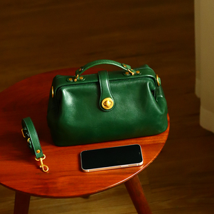 peshawar 手工复古绿色大容量口金包女士小众森系大号医生包
