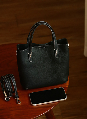 peshawar | 黑色真皮小号手提包女式韩版头层牛皮春款单肩水桶包