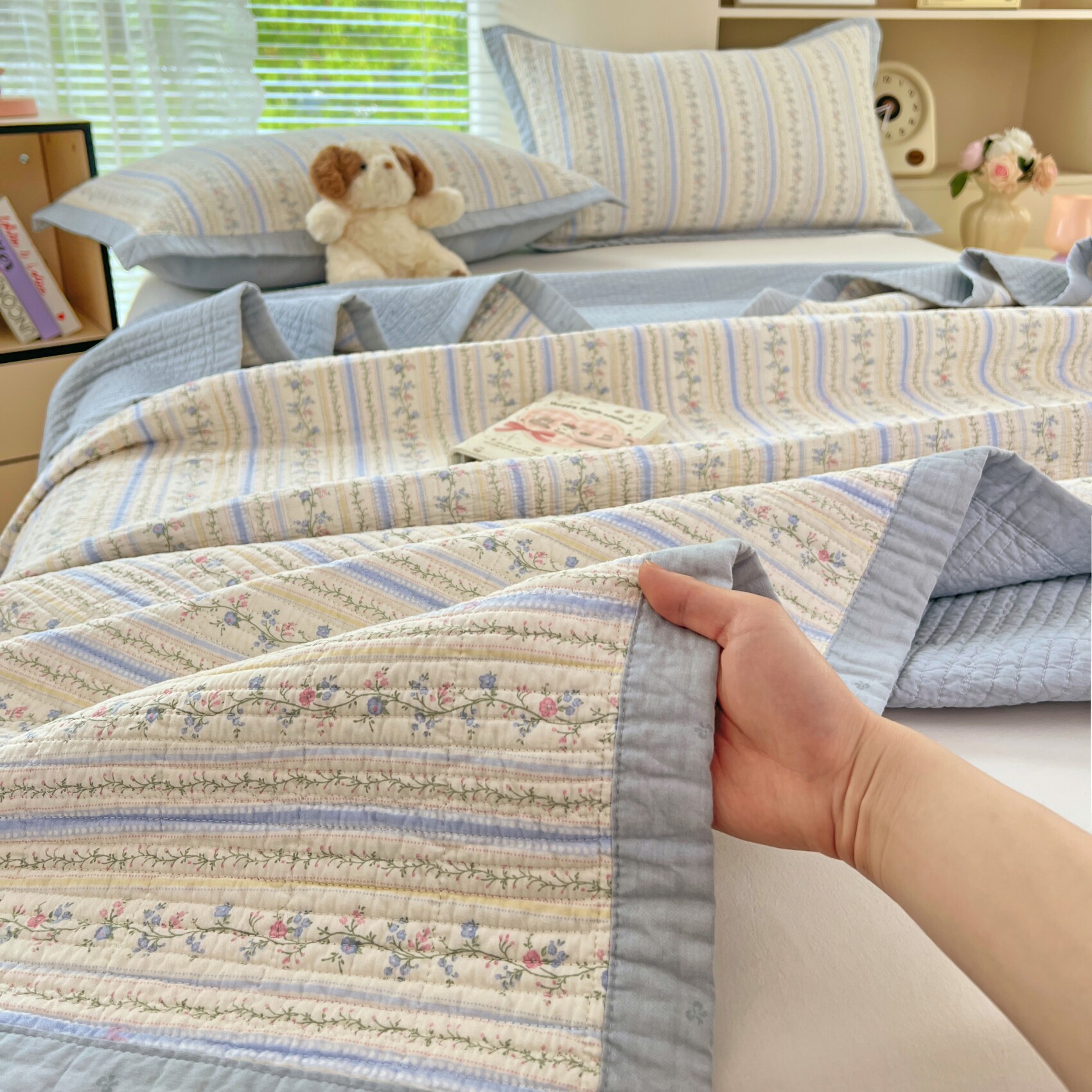 韩式小碎花双面纯棉棉花绗缝床盖