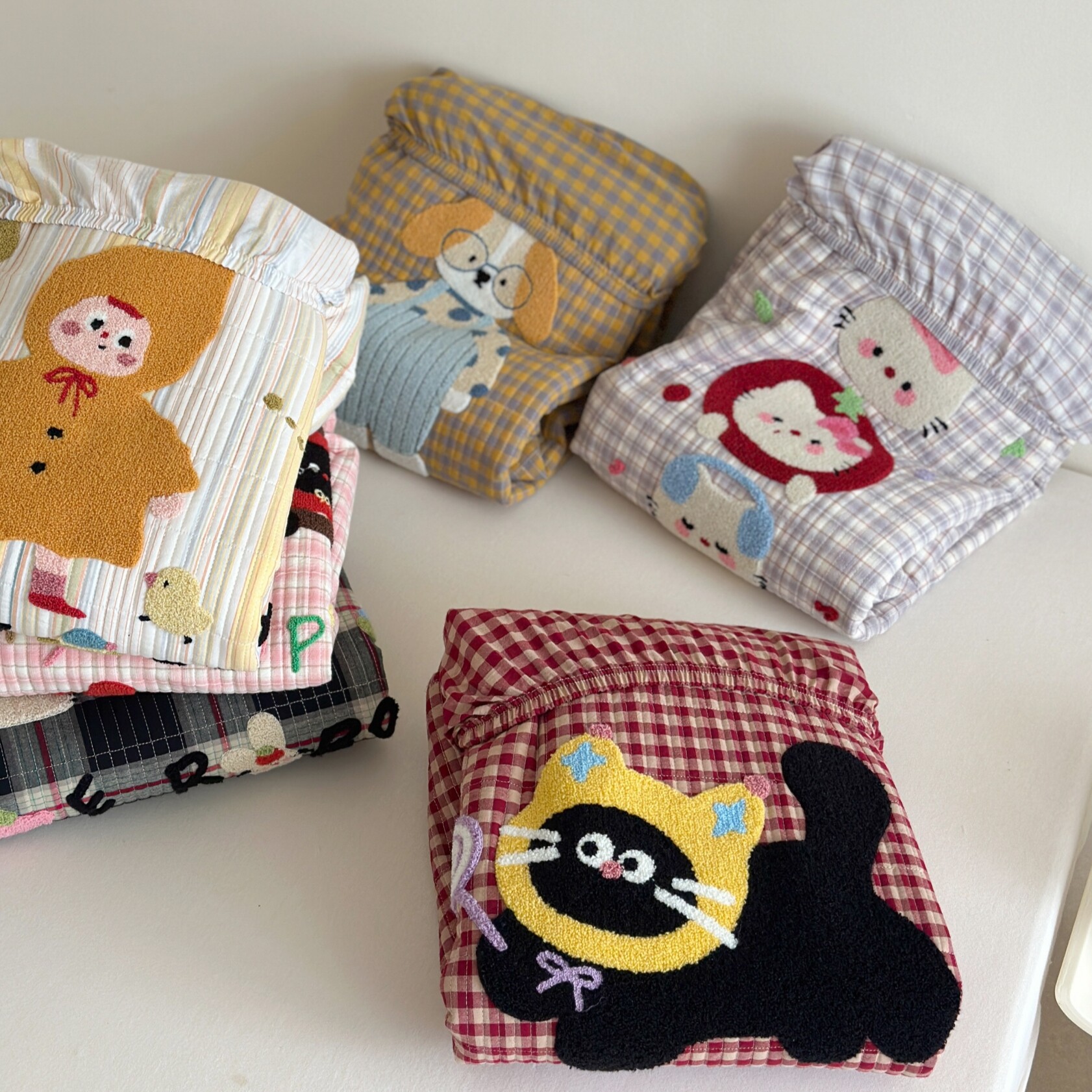 韩式色织全棉水洗棉夹棉床笠三件套绗缝床盖贴布绣可机洗床垫套子