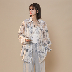 2024夏季水墨花轻薄透气宽松防晒衬衫外套C2304P58控78图片