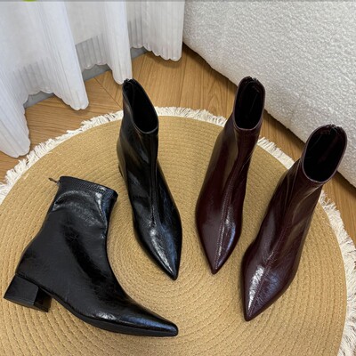 牛皮版~真皮内增高7CM尖头瘦瘦靴女粗跟复古绒面气质小个子短靴子