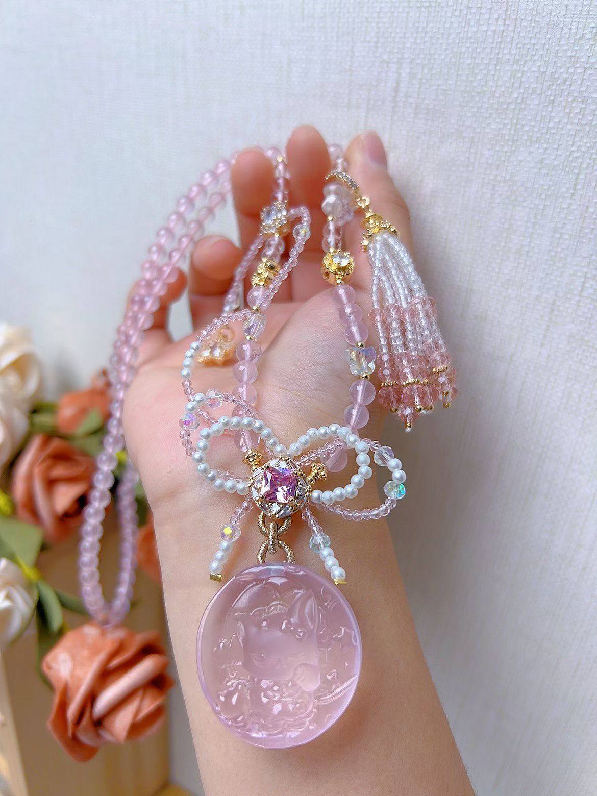 【吉小珠】2026年新款粉水晶九尾狐吊坠项链女款毛衣链百搭礼物,饰品/流行首饰/时尚饰品新,颈饰,淘宝优惠券,粉丝福利购,淘宝优惠卷