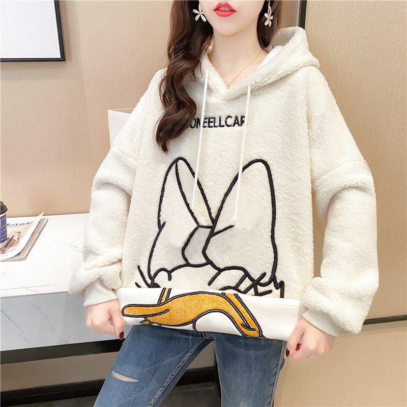 임산부 가을 겨울 의류 세트 외출용 벨벳이 달린 패셔너블한 상의 여성용 패셔너블한 가을 겨울 양고기 벨벳 스웨트셔츠 중간 길이