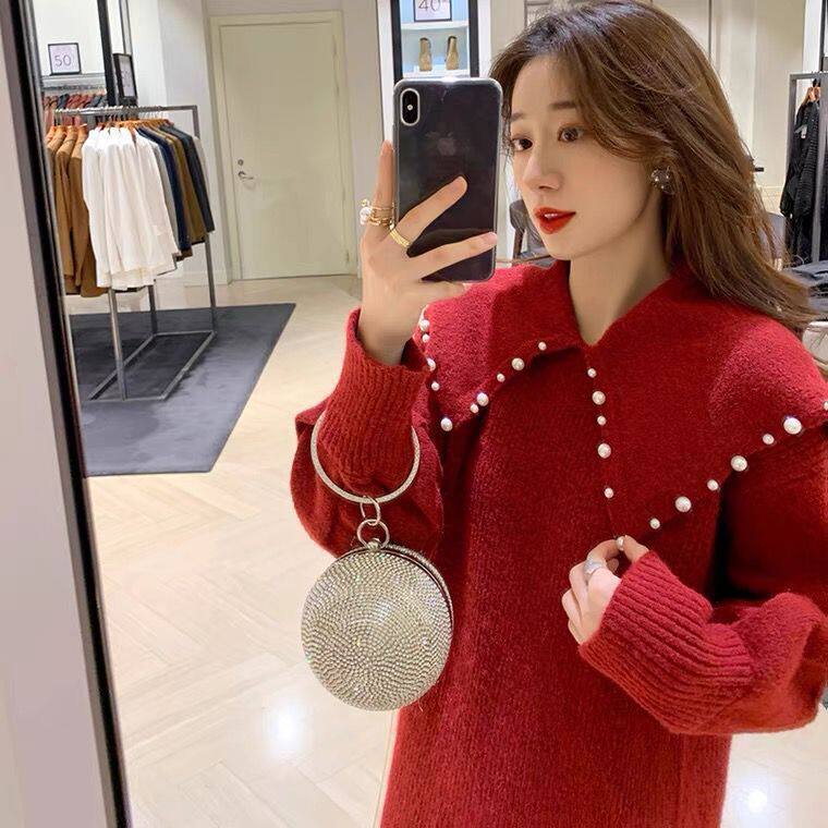 임부복 가을 양복 패셔니스타 인터넷 연예인 봄 가을 스웨터 원피스 패셔너블한 레드 외출 스커트 투피스 세트