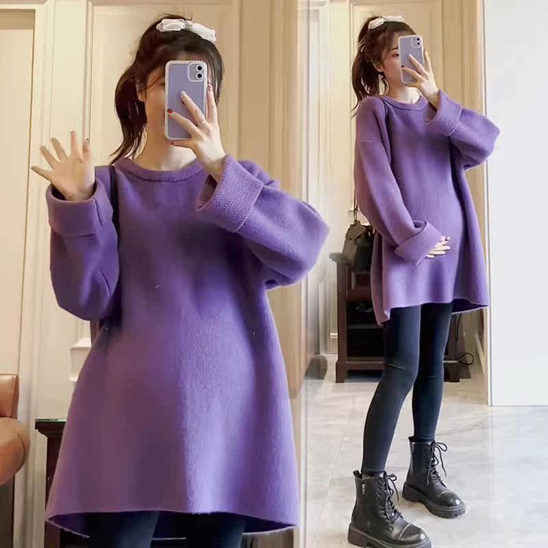 새해를 맞이한 새 옷 부드럽고 밀랍인 임산부 스웨터 가을 겨울 한국 패션 핫맘 레드 두꺼워진 루즈한 대형 니트 스커트