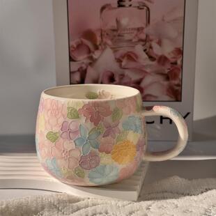 景德镇手绘陶瓷杯万花大肚杯高颜值马克杯女生家用办公咖啡杯水杯