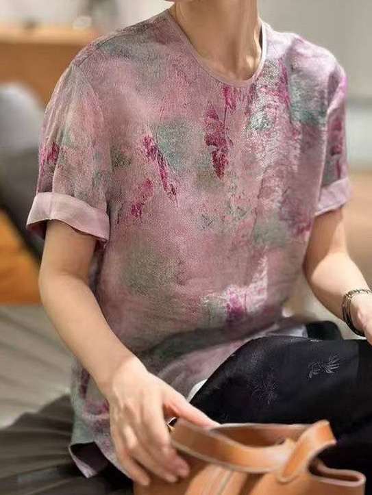 25夏季女士中式非遗传承系列梦幻红云纱花罗中式圆领短袖上衣