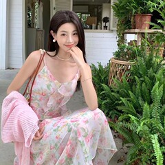 2024新款纯欲风高级感吊带碎花连衣裙修身性感长裙+针织开衫套装