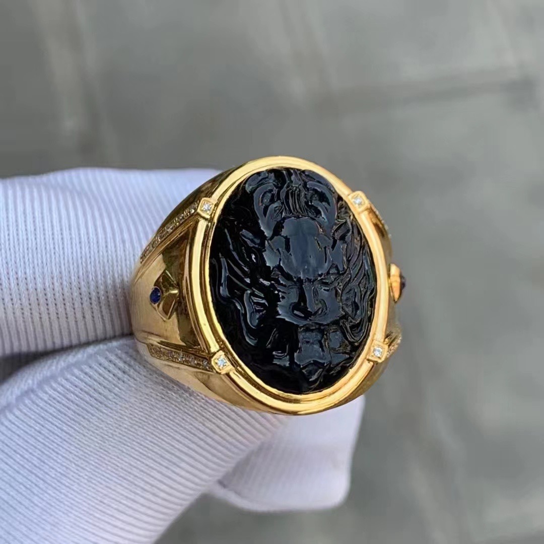 凝墨为翠家天然缅甸翡翠18k黄金镶嵌冰种墨翠龙头男士戒指