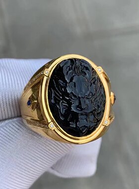 凝墨为翠家天然缅甸翡翠18k黄金镶嵌冰种墨翠龙头男士戒指